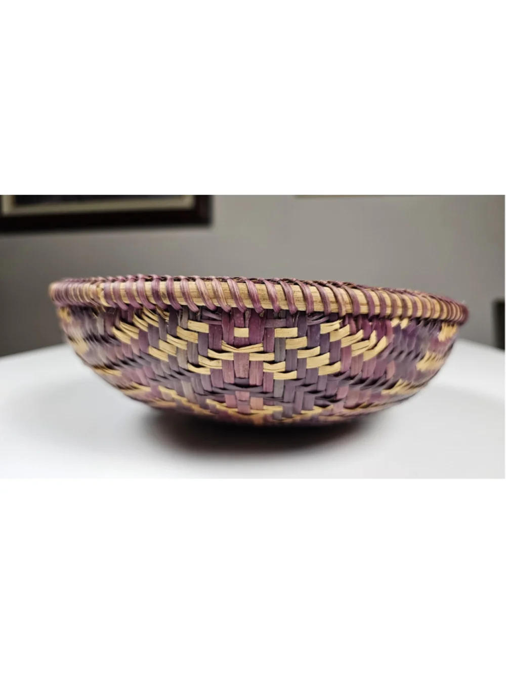 Vintage Hand-Coiled Southwestern Decorative Basket Bowl with Leather Medallion